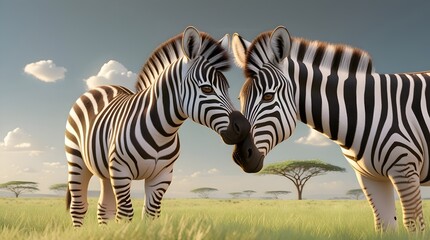 Mother and baby zebra standing in a lush green savannah with warm sunlight casting a gentle glow, the mother zebra has a distinctive black and white striped coat with a slight sheen to her fur, while