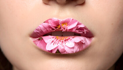 woman floral lips, macro close up fashion photo