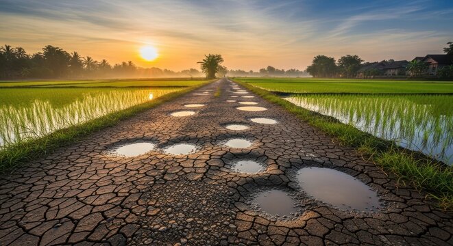 Cracked Road with Puddles Leading to the Sunset in a Rice Field
