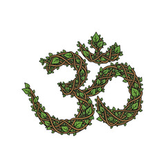 The Om symbol depicted with intertwined vines and green leaves.