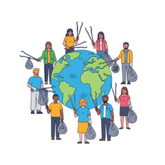 People around the globe cleaning up the environment, holding trash bags and tongs.