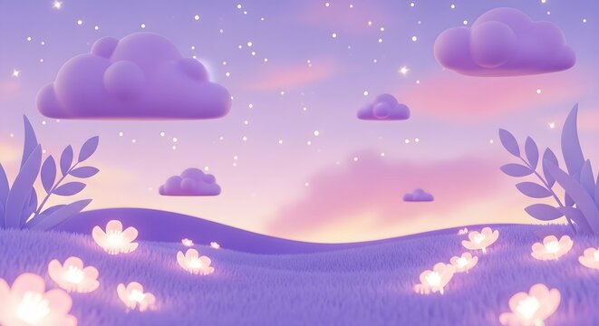 Whimsical fantasy background with a twilight sky. Peaceful dreamlike environment and imaginative setting. Soft pink clouds and glowing flowers on purple rolling hills at nightfall