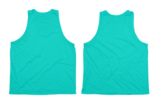 Front and back view of blank turquoise tank top isolated on white background for apparel mockup design