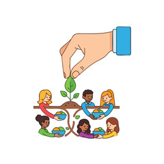 A diverse group of people sharing fruits while a hand plants a seedling.