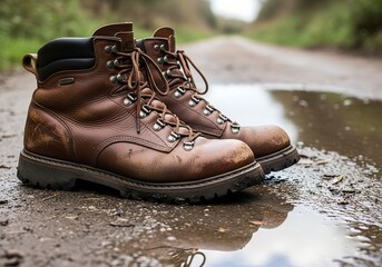 Brown Leather Hiking Boots on Muddy Trail After Rain