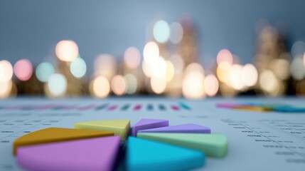 Colorful pie chart on a table with city lights in the background at night
