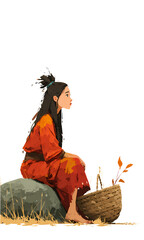 Primitive Woman Sitting, Red Wrap Dress, Basket Of Herbs Gathering, Stone Age Daily Task, Barefoot Simple Attire, Isolated Full Body Illustration, Peaceful Natural Setting