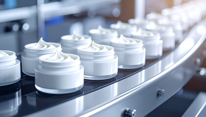Cosmetic cream jars on conveyor, manufacturing skincare products in a modern cosmetic factory with precise automation and hygienic packaging process.