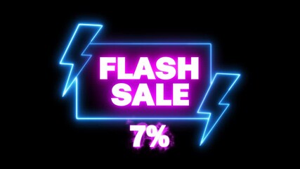 7% discount promo banner adds, season end black friday flash sale marketing video, 3d render Neon Flash sale banner text template Special offer, 90 percent discount concept