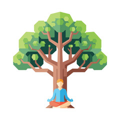 Man meditating under a stylized tree, symbolizing peace and nature.