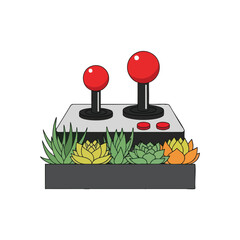 Retro joystick and arcade buttons nestled among colorful succulents.