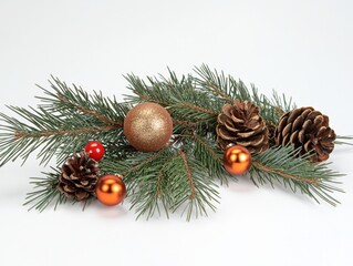 A festive Christmas arrangement featuring pine branches, cones, red berries, and shiny ornaments in gold and red tones on a white background.