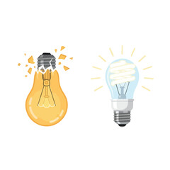 A broken incandescent bulb juxtaposed with a new energy-efficient bulb.