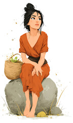 Primitive Woman Sitting, Side Profile Portrait, Vibrant Red Wrap Dress, Gathering Woven Basket, Stone Age Activity, Barefoot Simple Attire, Isolated Full Body Illustration