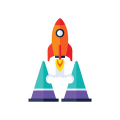 A colorful, flat of a rocket launching into space.