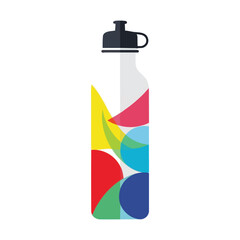 A modern, minimalist water bottle with colorful abstract shapes.