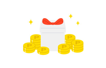 山積みのポイントコインと正面のプレゼントボックス【ベクターイラスト素材】