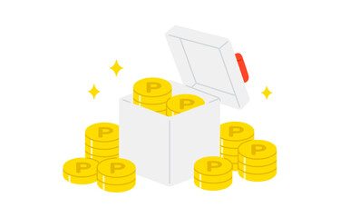 山積みのポイントコインとフタがあいたプレゼントボックス【ベクターイラスト素材】