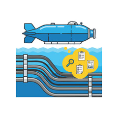 Submarine exploring underwater pipes, with a thought bubble of data analysis.