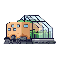 A building with a greenhouse and a pile of tires.