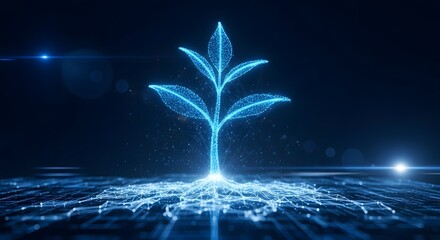 Digital agriculture and modern plant life technology. Smart farming and sustainable innovation. Glowing blue particle plant seedling growing from an abstract electronic circuit