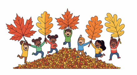 Illustration of a diverse group of happy kids playing on a big pile of foliage and holding up large colorful autumn leaves by thanksgiving day