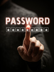 A businessman&rsquo;s hand touches holographic PASSWORD text with a digital lock icon, representing online privacy, secure login, and password protection in a digital environment.