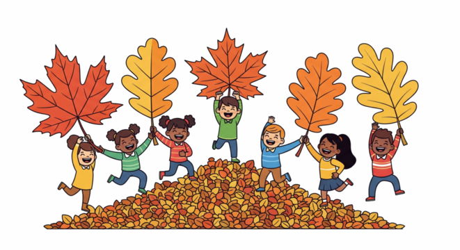 Illustration of a diverse group of happy kids playing on a big pile of foliage and holding up large colorful autumn leaves by thanksgiving day