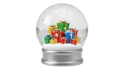Snow globe filled with colorful Christmas presents