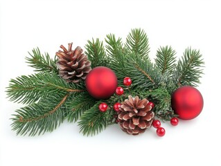 A festive Christmas arrangement featuring pine branches, cones, red berries, and shiny ornaments in gold and red tones on a white background.