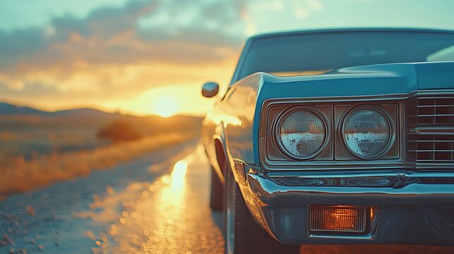 Fototapeta Vintage Car Driving on Road at Sunset  Roadtrip Concept.