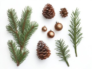 A festive Christmas arrangement featuring pine branches, cones, red berries, and shiny ornaments in gold and red tones on a white background.