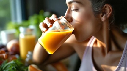 Close-up of sporty woman preparing protein cocktail in the kitchen, under gentle natural light, highlighting focused expression and vibrant ingredients, serene culinary scene, calm
