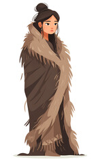 Stone Age Woman, Standing Full Length Portrait, Primitive Fur Wrap Clothing, Ancient Indigenous Culture, Hunter Gatherer Lifestyle, Long Dark Hair Updo, Earth Tone Fashion, White Background Isolated