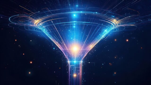 Abstract funnel design with glowing lines and light effects