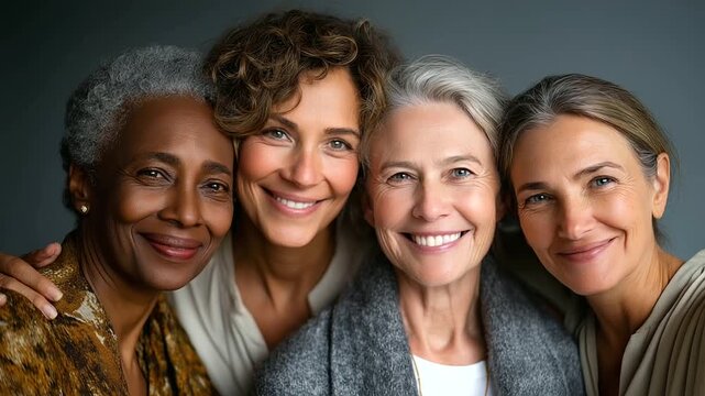 Multi-ethnic group of happy mature women bonding against grey background, under gentle studio light, highlighting warm connections and stylish attire, serene portrait scene, calm g