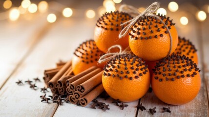 Christmas oranges with cloves and cinnamon sticks festive decoration