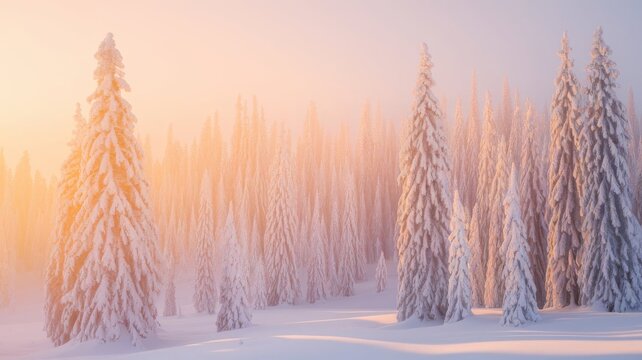 Snow-covered pine forest at sunrise in winter