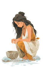 Primitive Woman Crouching, Sorting Grain Sifting, Handmade Wooden Bowl, Ancient Hunter Gatherer, Traditional Food Preparation, Simple Clothing Barefoot, Earth Tone Illustration, White Background