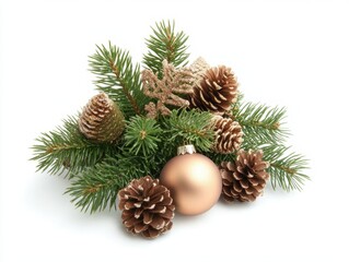 A festive Christmas arrangement featuring pine branches, cones, red berries, and shiny ornaments in gold and red tones on a white background.