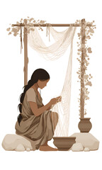 Ancient Woman Repairing Net, Squatting Side Profile, Primitive Fishing Gear, Hunter Gatherer Activity, Traditional Daily Task, Earthenware Pottery, Rustic Wood Structure, Sepia Monochrome Artwork