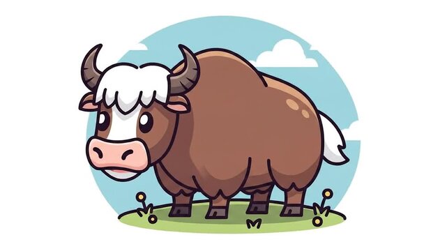 Cartoon yak illustration on green field with clouds and sky background
