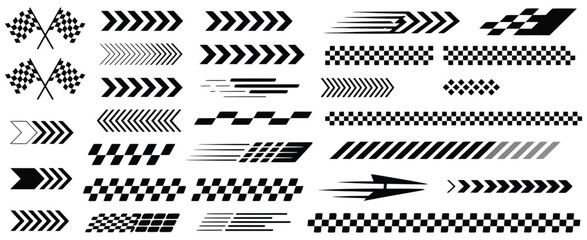 Race Car Stripes and Racing Cars Vector Set – Checkered Flag, Finish Line, Dynamic Lines, Motocross Labels, Motorsport Themes, Speed Stripes, and Competition Design Elements © Raxzen