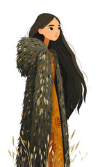 Ancient Woman Portrait, Standing Long Dark Hair, Primitive Leaf Texture Coat, Hunter Gatherer Clothing, Tribal Cultural Wear, Earth Tone Garments, Long Overcoat Design, White Background Isolated