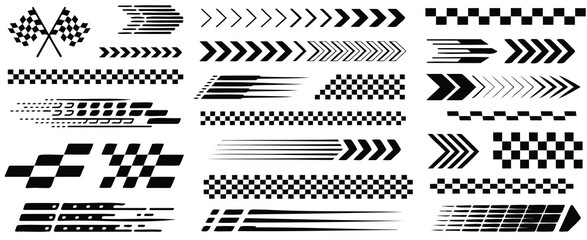 Race Car Stripes and Racing Cars Vector Set – Checkered Flag, Finish Line, Dynamic Lines, Motocross Labels, Motorsport Themes, Speed Stripes, and Competition Design Elements © Raxzen