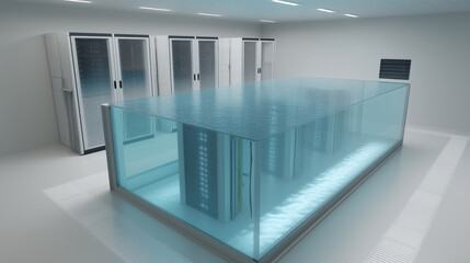 Submerged Data Servers in Liquid Cooling Tank in Modern Data Center Room