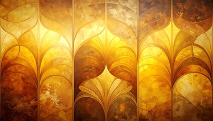 Abstract, golden artwork with vertical panels. It showcases organic shapes, light and shadow. Earthy tones and ornate detailing create a stunning visual