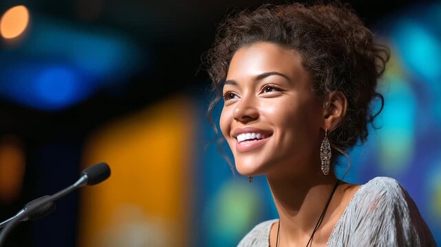 Smiling African female speaker talking to audience during a business conference in convention center, under soft stage lighting, highlighting confident delivery and professional pr