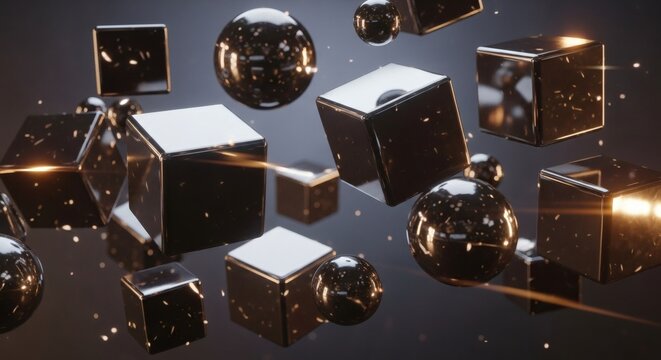 A dynamic array of glossy black cubes and spheres suspended in a dark environment with golden light flares.