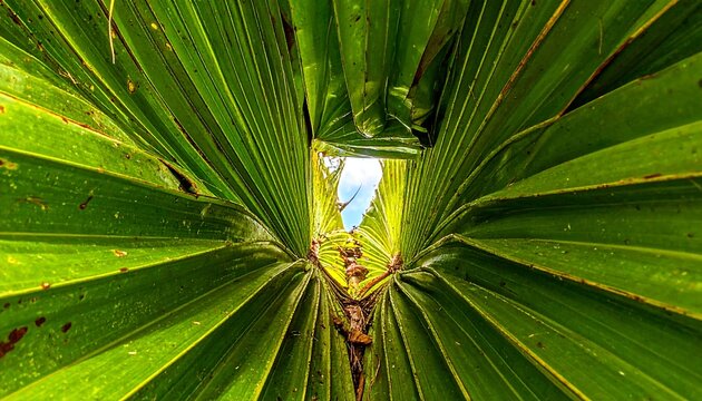 Close-up view through a palm leaf, showcasing natural sunlight